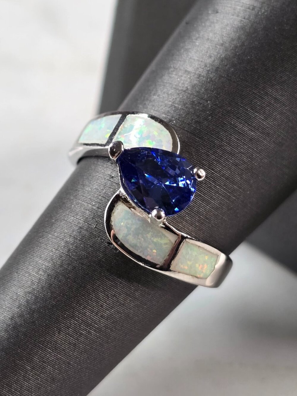 Womens Sterling Silver Opal Tanzanite Modernist Ring 3.8g E4195